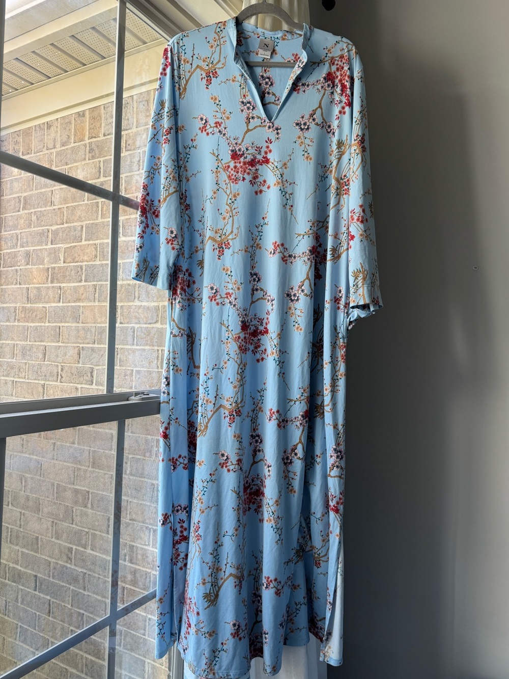Natori Caftan Womens L Blue Cherry Blossom Floral Maxi Lounge Dress